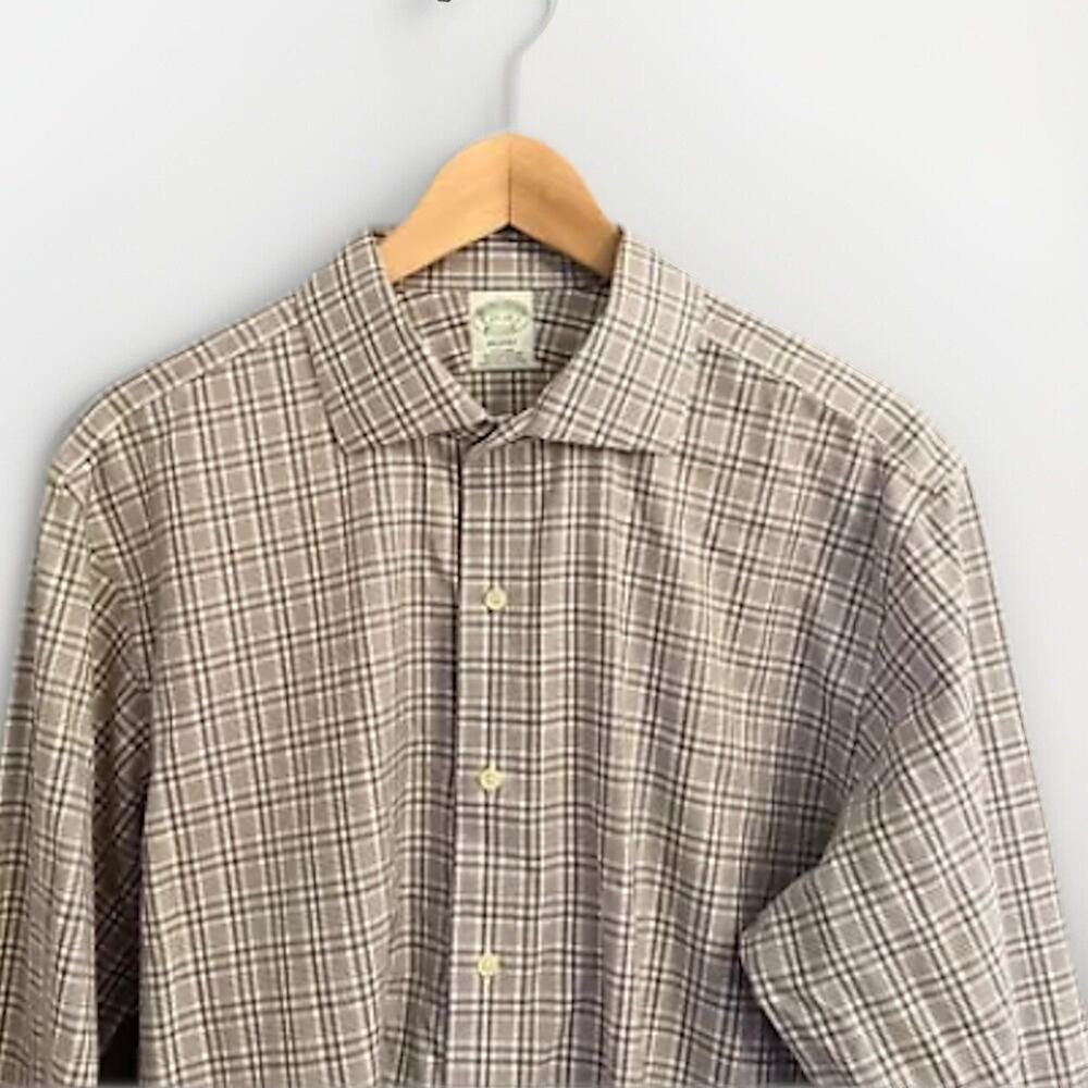 Brooks Brothers Milano Shirt 17-34 Non-Iron Supima Cotton Gray Plaid Dress Shirt